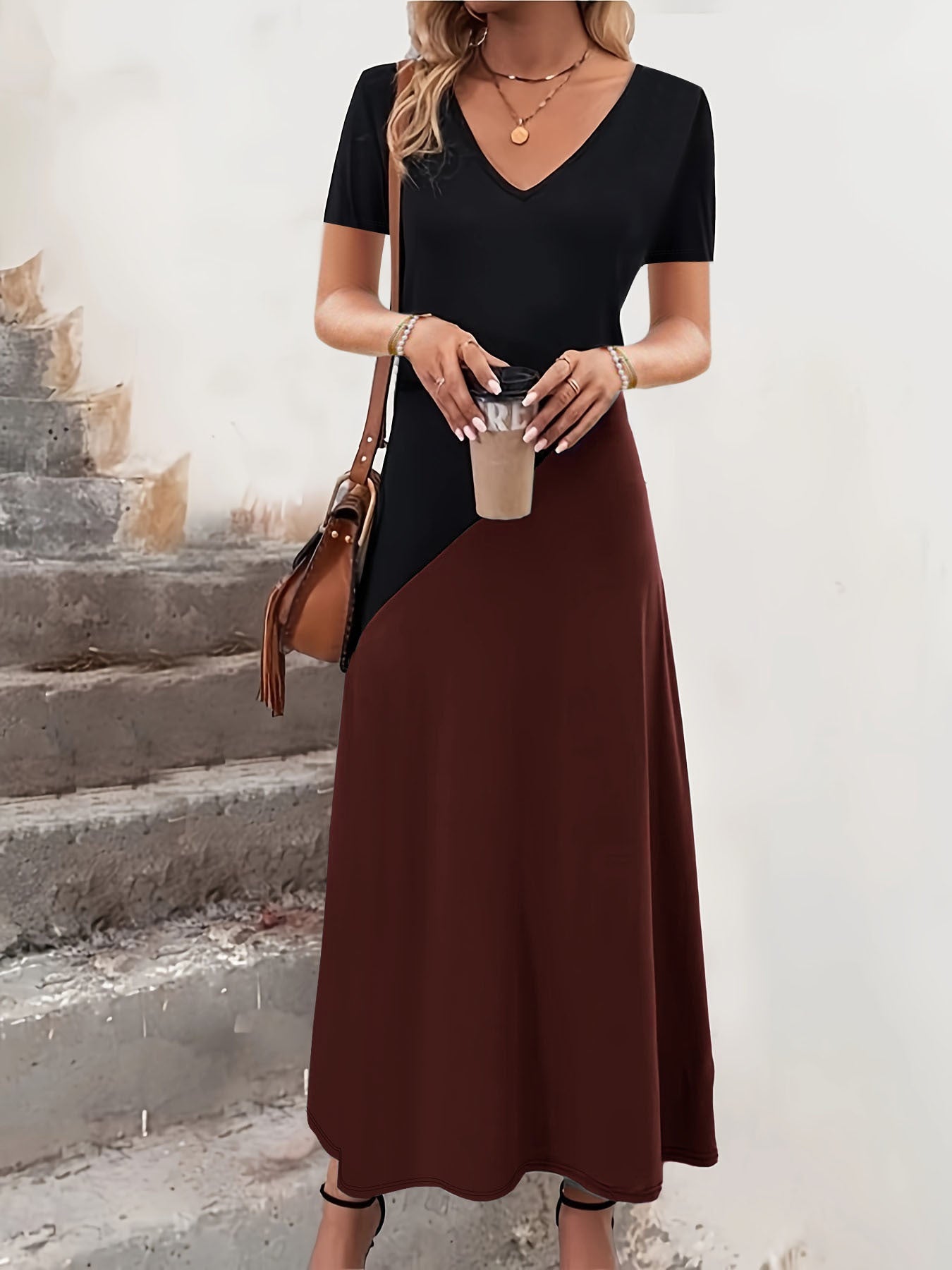 Maxi dress with color block for women Ivyshape