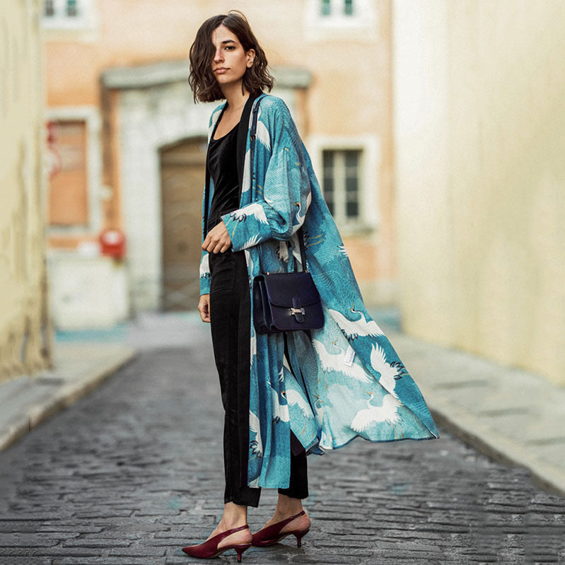 Ladies elegant kimono with artistic bird motif and flowing cut Ivyshape