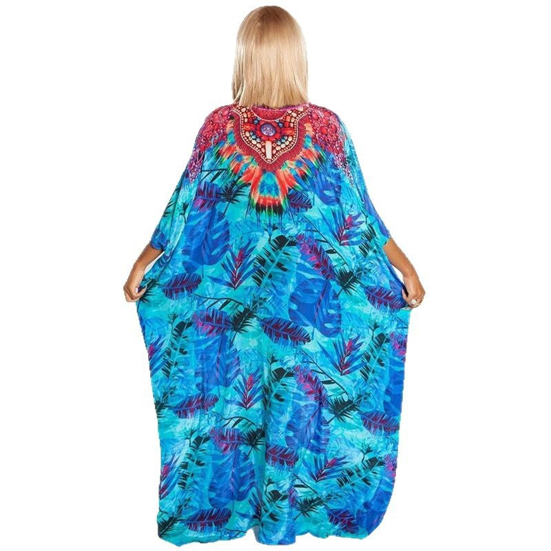 Women's Maxi Kaftan with Colorful Animal Motif and Wide Cut Sleeves Ivyshape