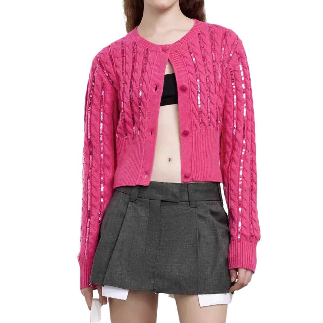 Ladies fashionable knit cardigan with sparkling sequins Ivyshape