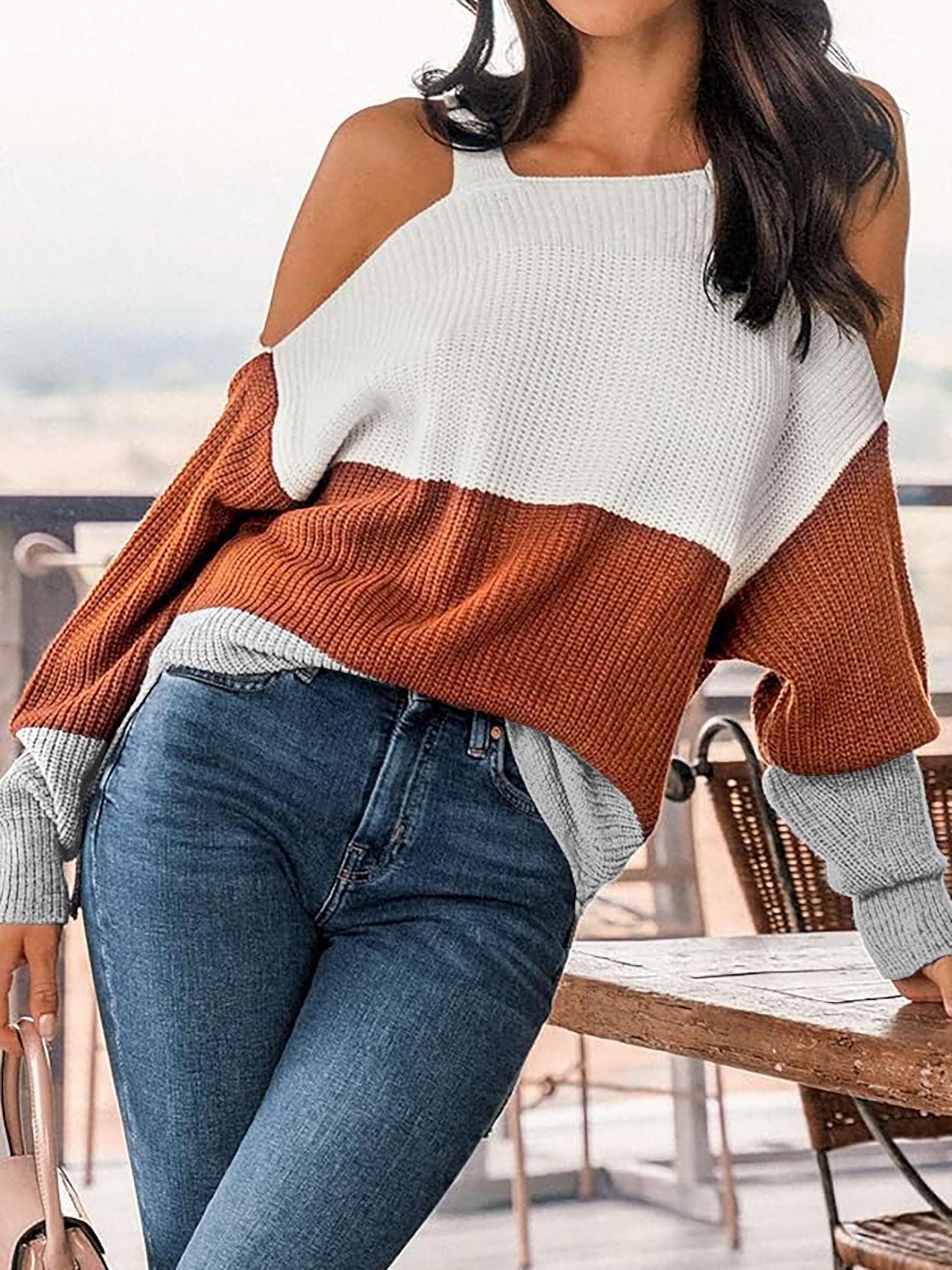 Women's fashionable sweater with off-shoulder design and multicolored contrasts Ivyshape