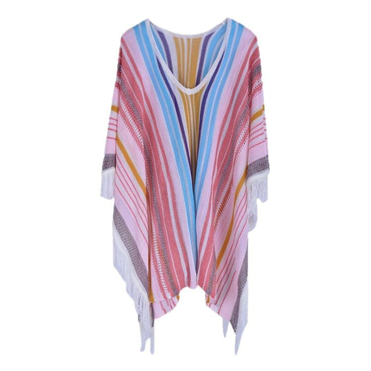 Women's Beach Poncho with Colorful Fringe Design Ivyshape