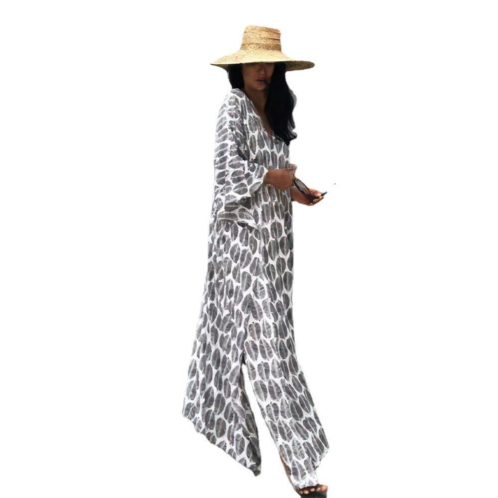 Women's maxi dress with elegant leaf pattern and wide cut Ivyshape