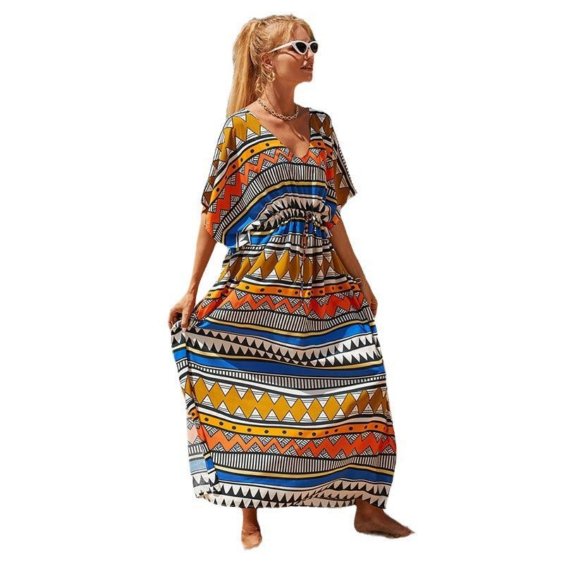 Ladies airy beach dress with modern wave pattern Ivyshape