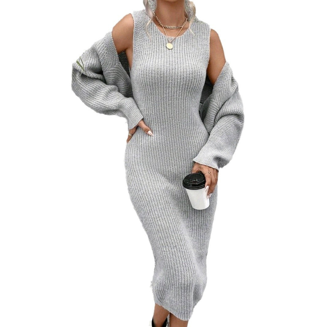 Ladies knitted dress with open shoulder design and loose fit Ivyshape