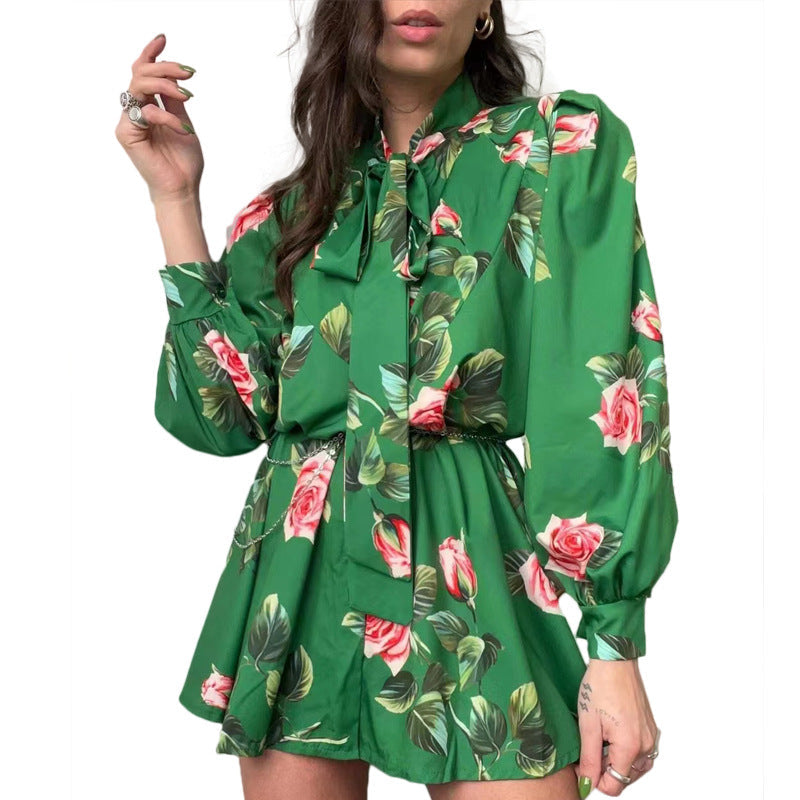 Ladies' floral dress with voluminous sleeves and bow Ivyshape