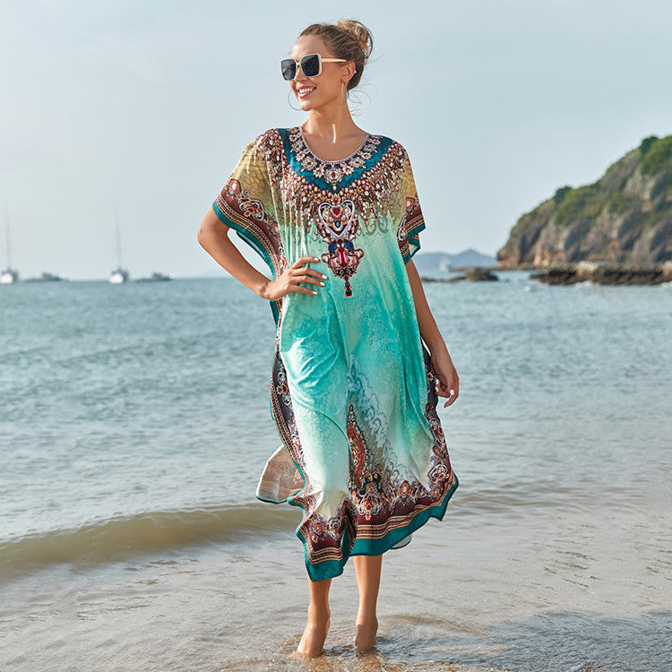 Ladies transparent beach tunic with artistic pattern and elegant details Ivyshape
