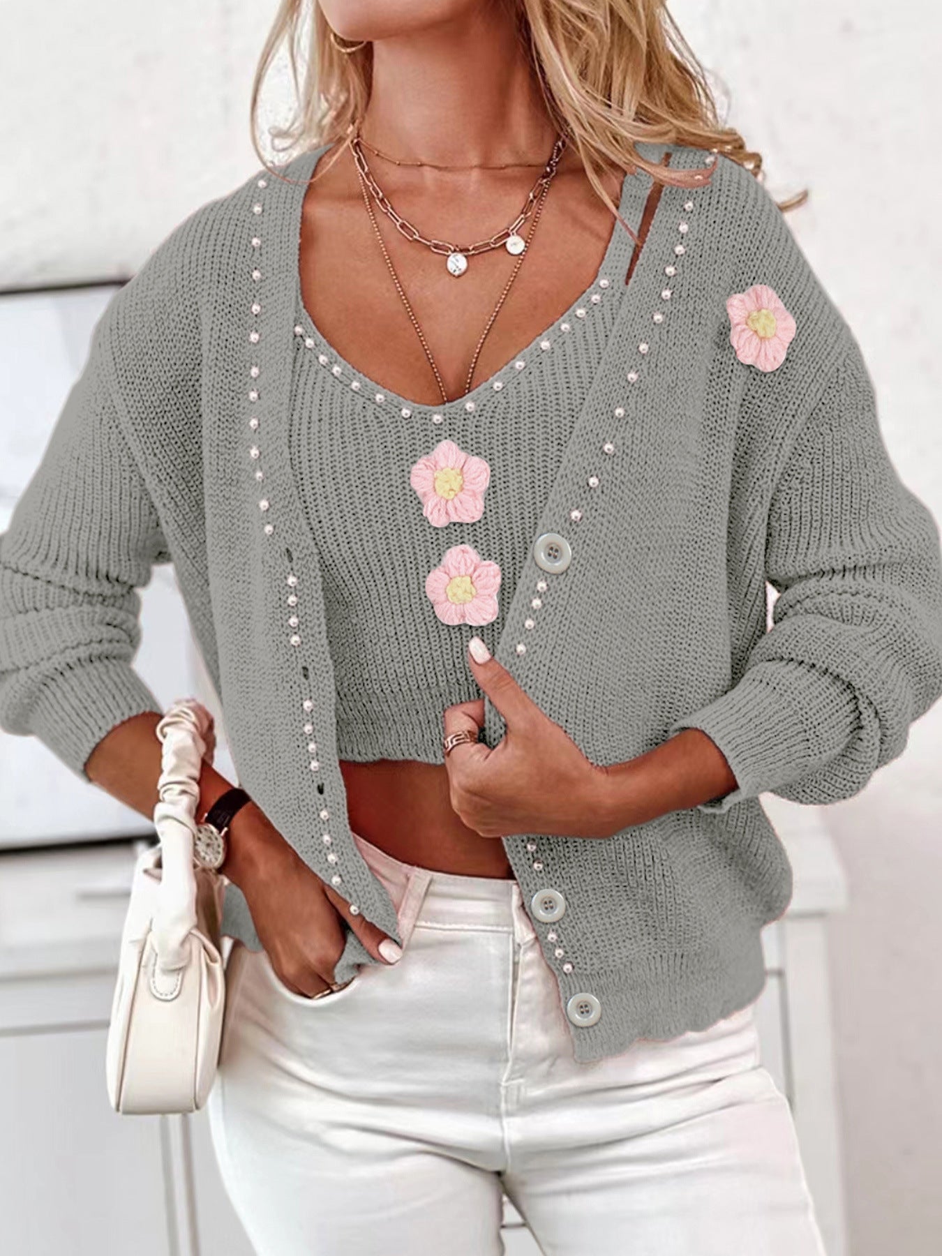 Women's fashionable knit cardigan with floral appliqués and pearl details Ivyshape