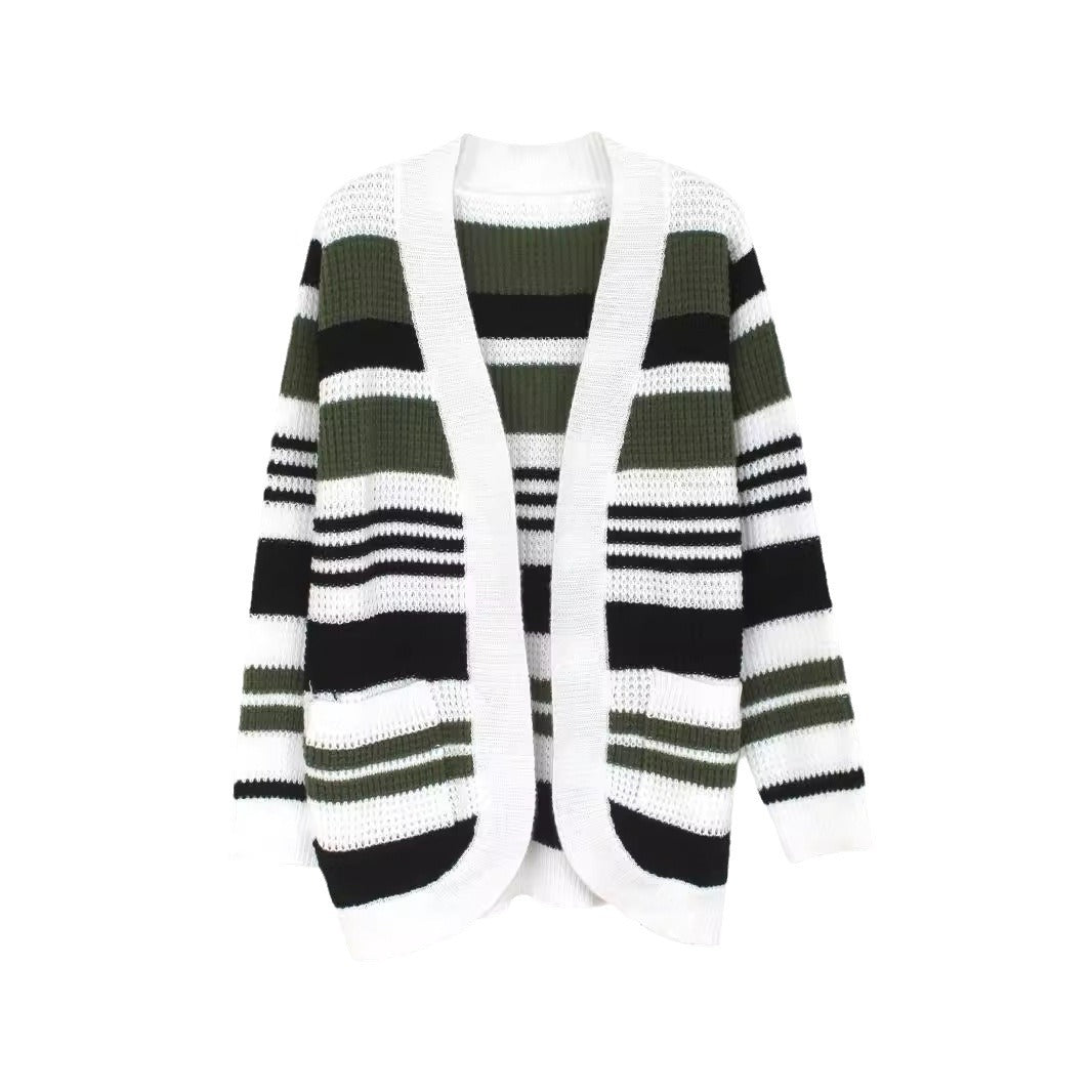 Women's casual knit cardigan with colorful striped pattern Ivyshape