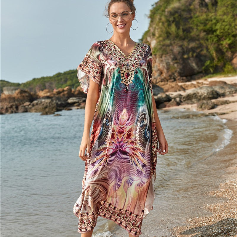 Women's airy beach poncho with intricate patterns Ivyshape