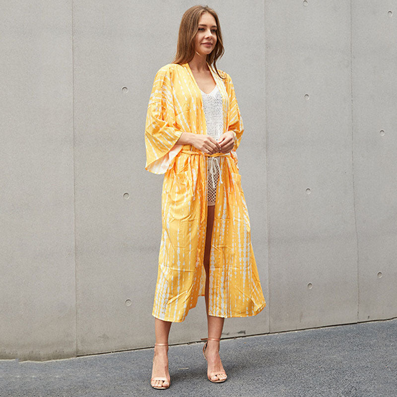 Women’s summer light beach kimono with artistic batik design Ivyshape