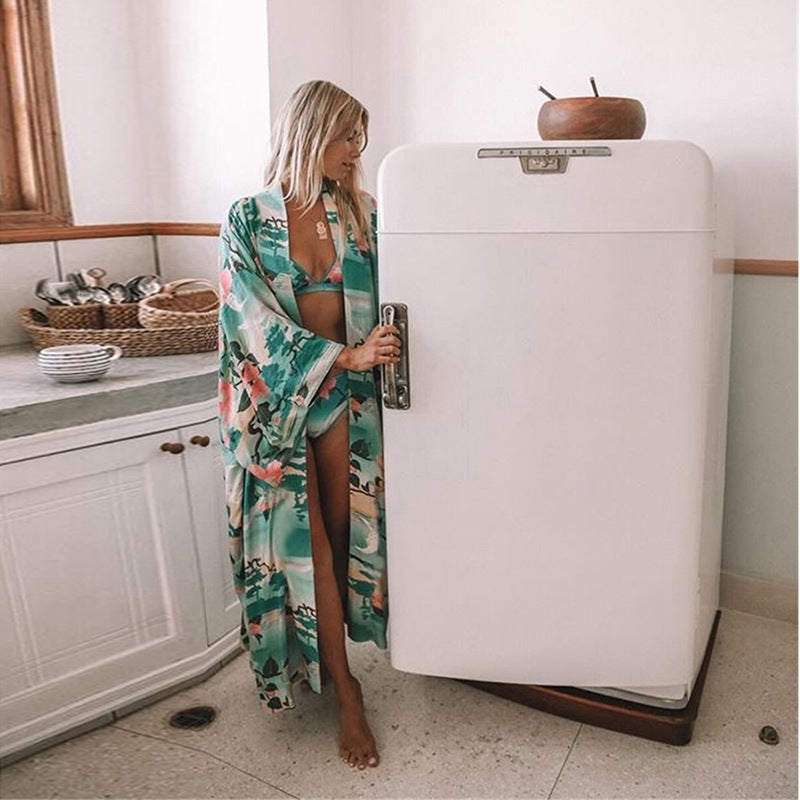 Women's Maxi Beach Dress with Elegant Side Slits and Floral Pattern Ivyshape