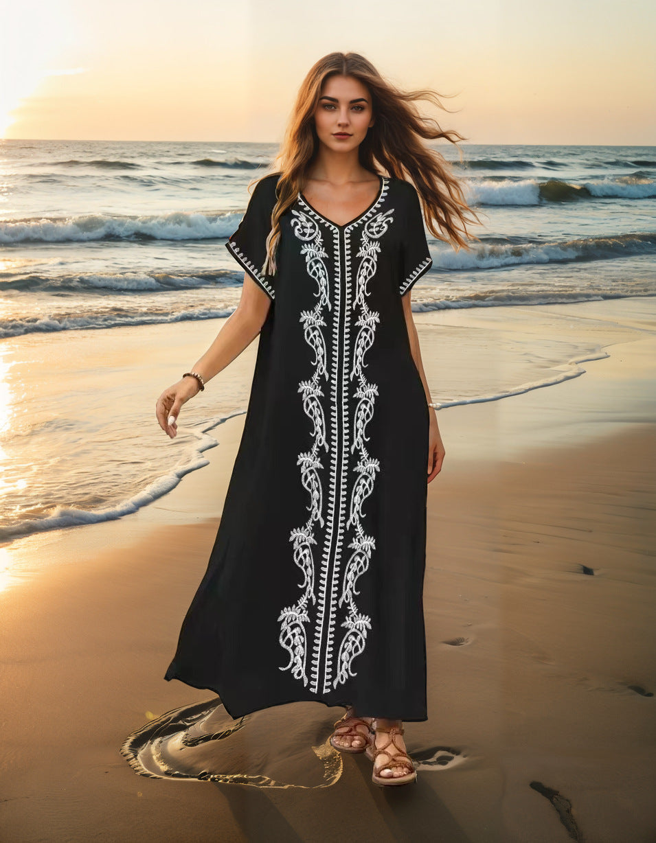 Women’s beach dress with elaborate embroidery and side slits Ivyshape