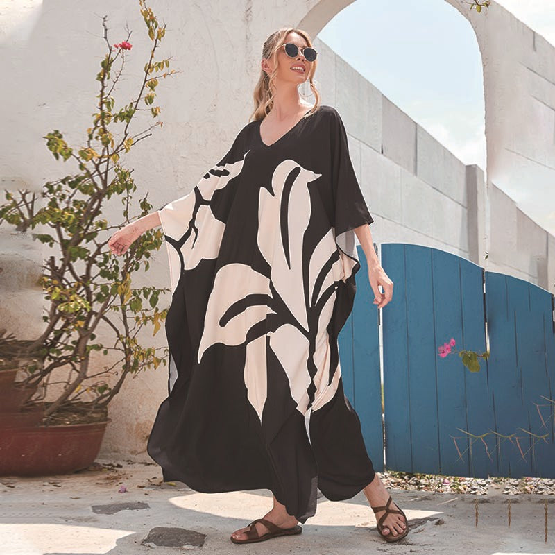 Women’s Maxi Kaftan with Floral Design and V-Neck Ivyshape