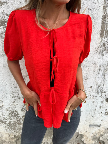 Ladies Ruffle Peplum Blouse with Tied Belt Ivyshape