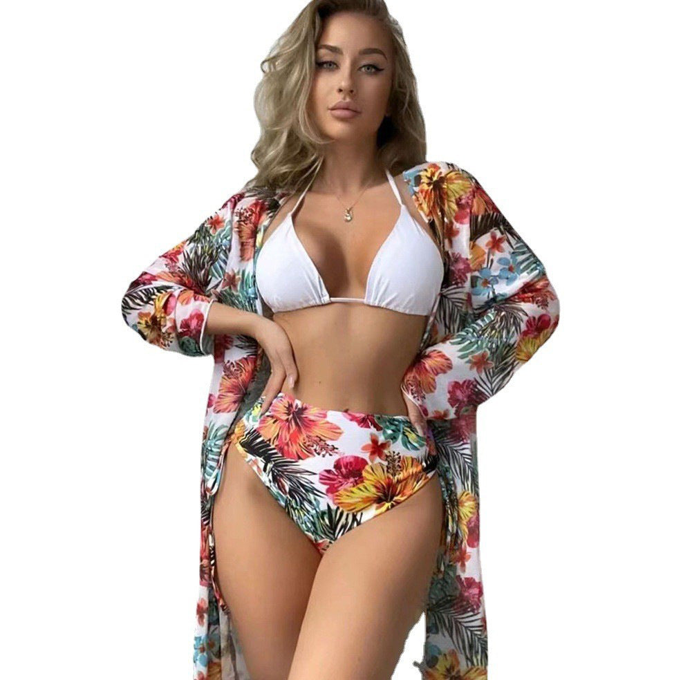Ladies triangle bikini set with floral kaftan and high leg cut Ivyshape