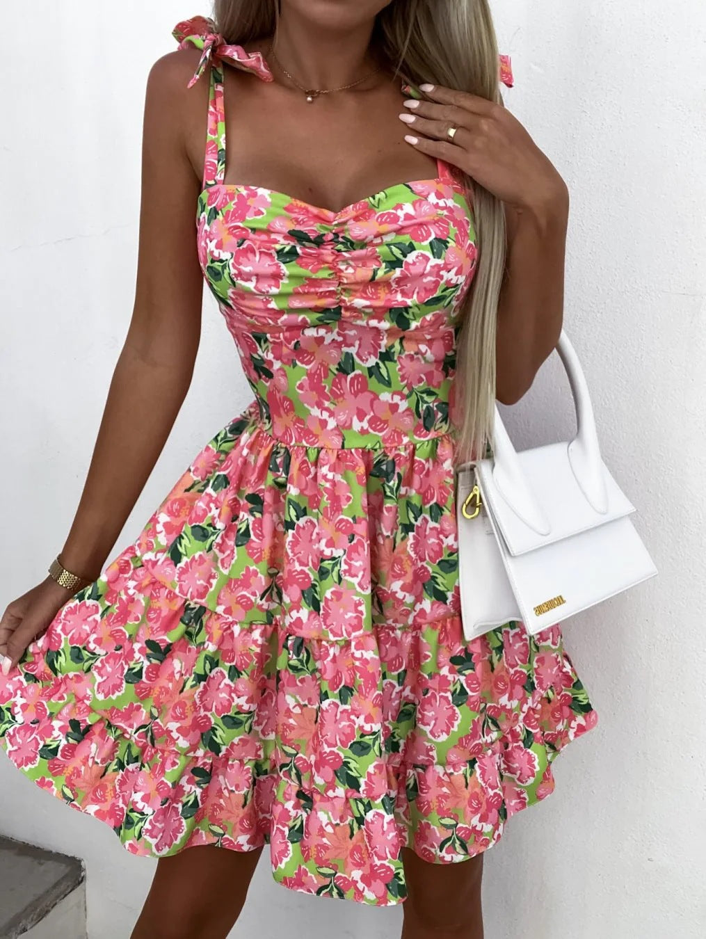 Women's Floral Pattern Mini Dress with Ruffle Details and Strapless Accents Ivyshape