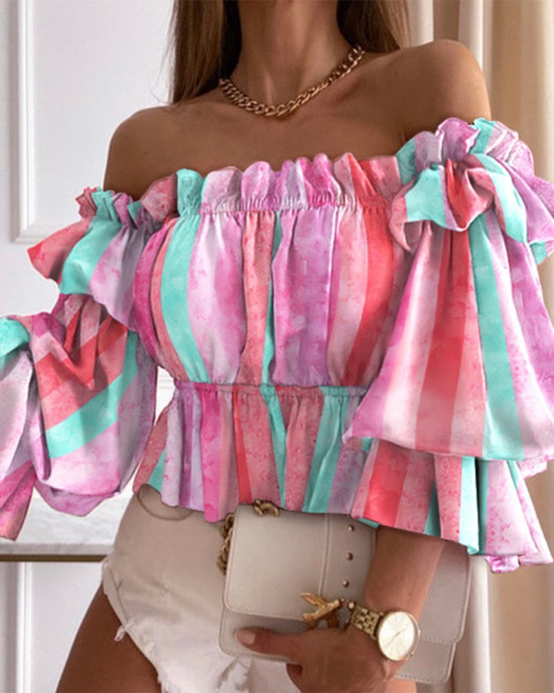 Women's Off-Shoulder Blouse with Voluminous Sleeves and Floral Pattern Ivyshape