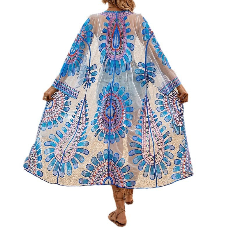 Women's transparent beach kimono with colorful folklore patterns and wide sleeves Ivyshape