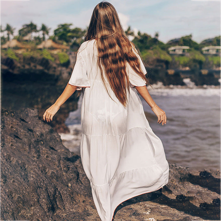Women's maxi beach dress with floral appliqués and romantic neckline Ivyshape