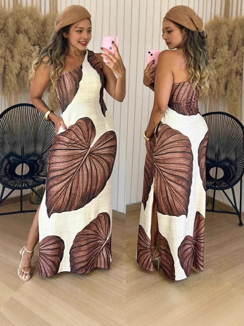 Ladies max dress with exciting leaf pattern and side slit Ivyshape