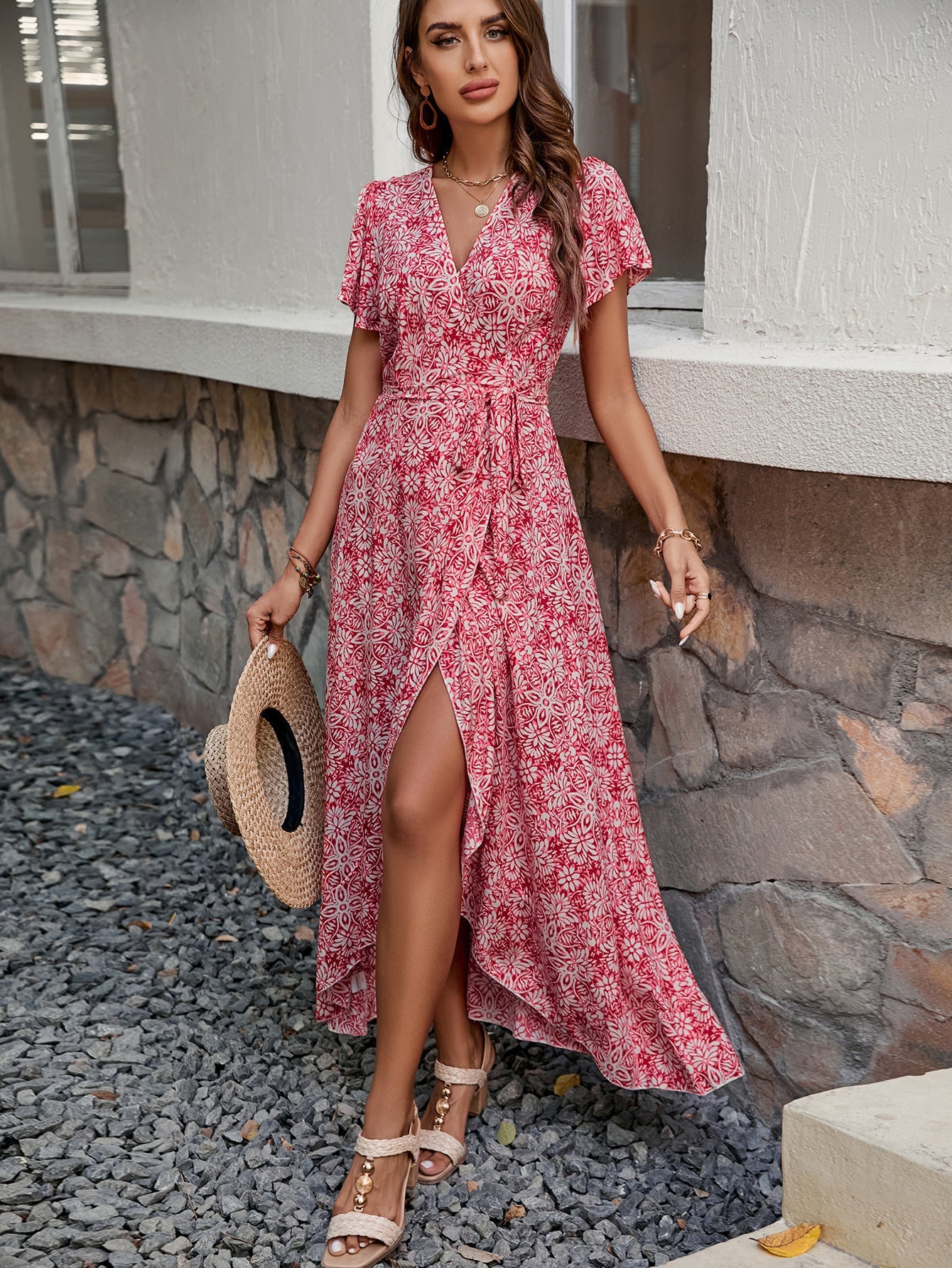 Women's maxi dress with high-cut hem and playful wrap detail Ivyshape