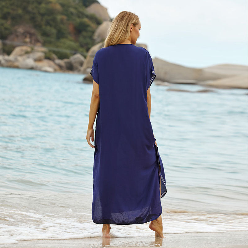 Women’s beach kaftan with intricate embroidery details and asymmetric hem Ivyshape