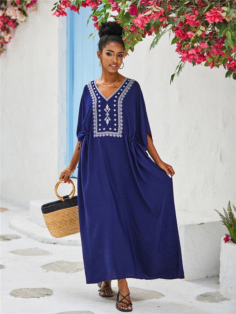 Women's Maxi Dress with artisanal embroidery pattern and loose fit Ivyshape