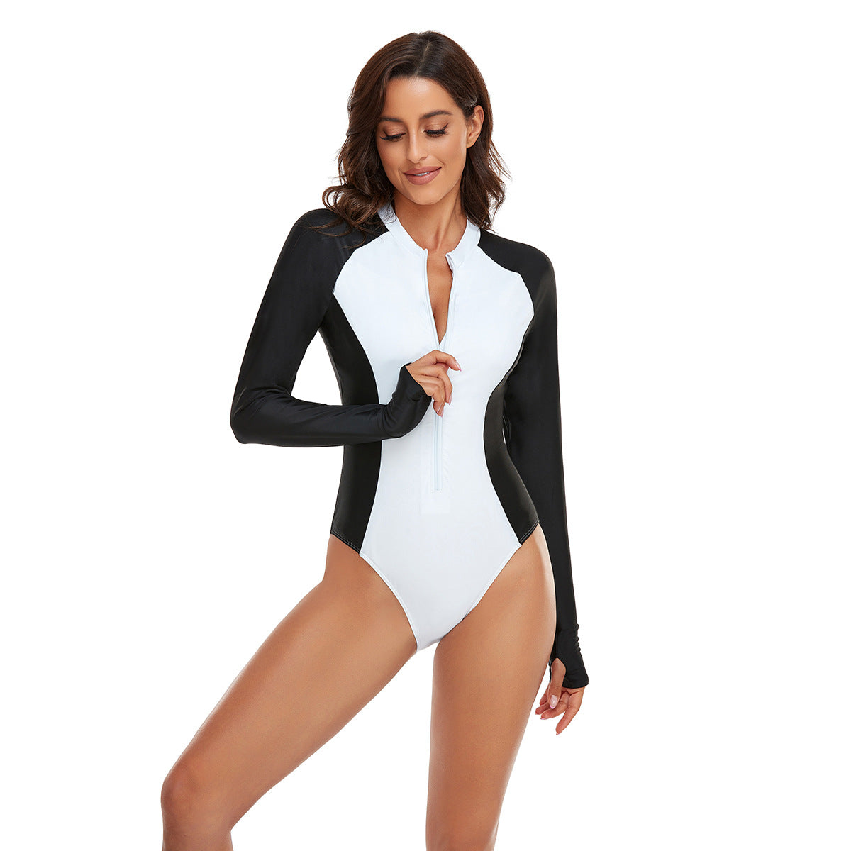 Women's sporty one-piece swimsuit with long sleeves and full-length zipper Ivyshape