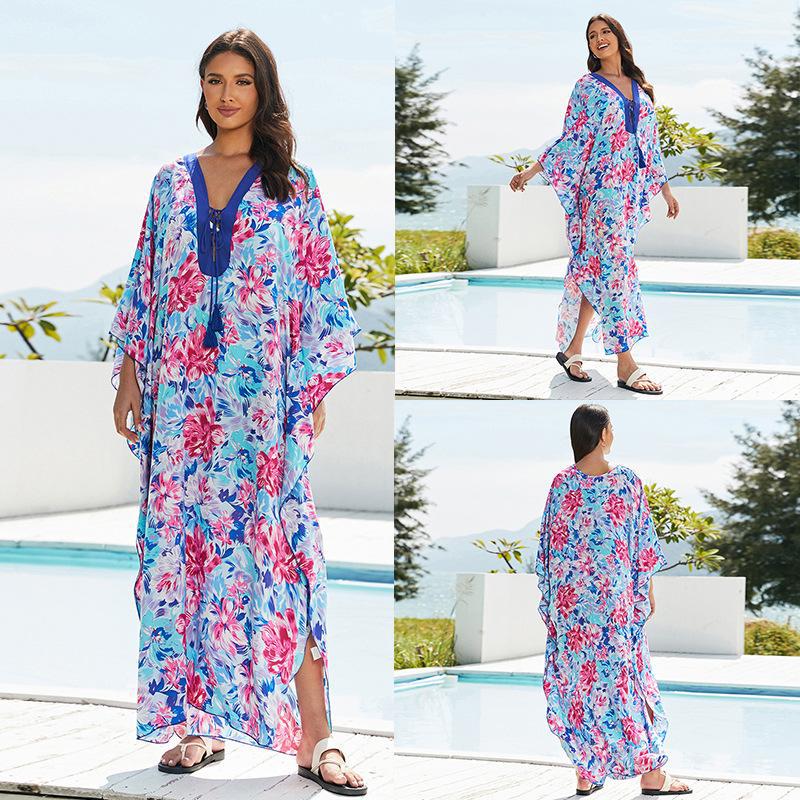 Women's beach kaftan with elegant floral design and wide silhouette Ivyshape