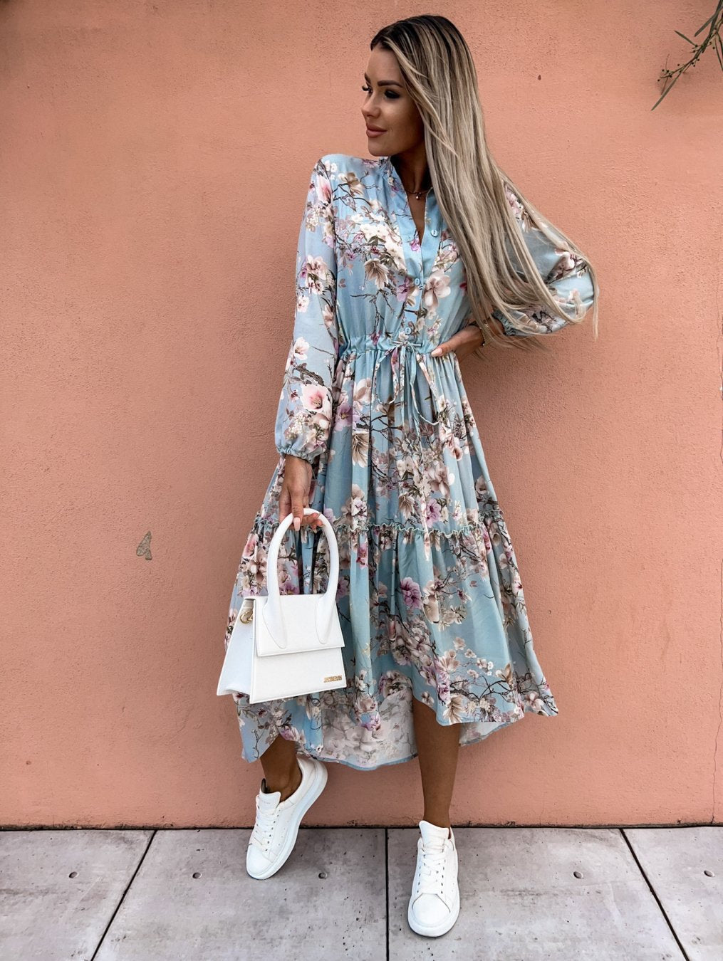 Women's blouse dress with floral details and waist belt Ivyshape