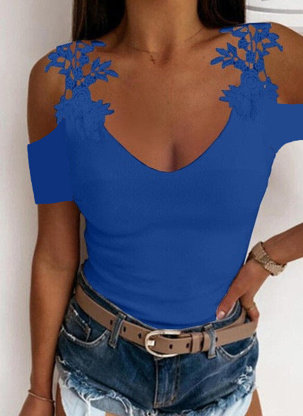 Ladies Cold Shoulder Floral Embellished V-Neck Top Ivyshape