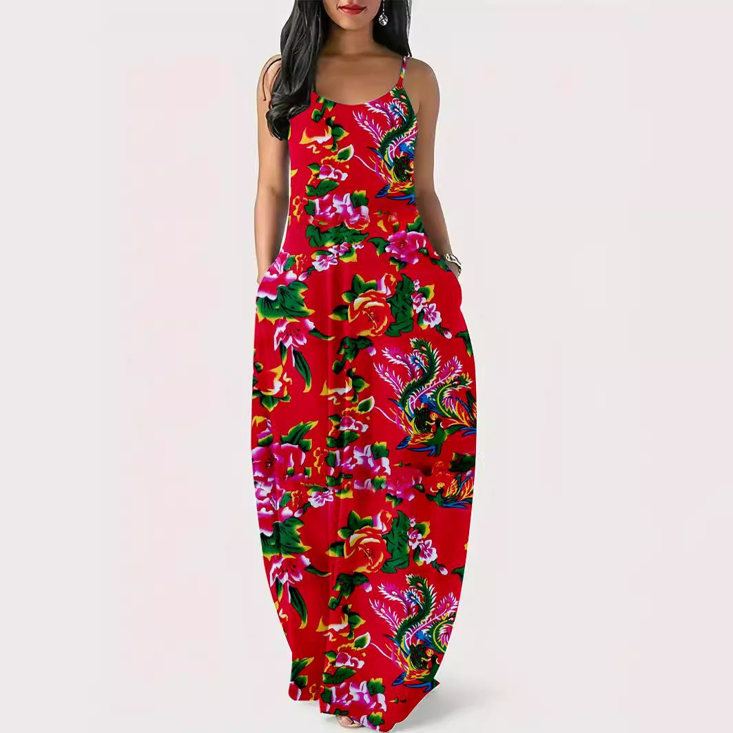 Ladies Floral Print Maxi Dress with Pockets Ivyshape