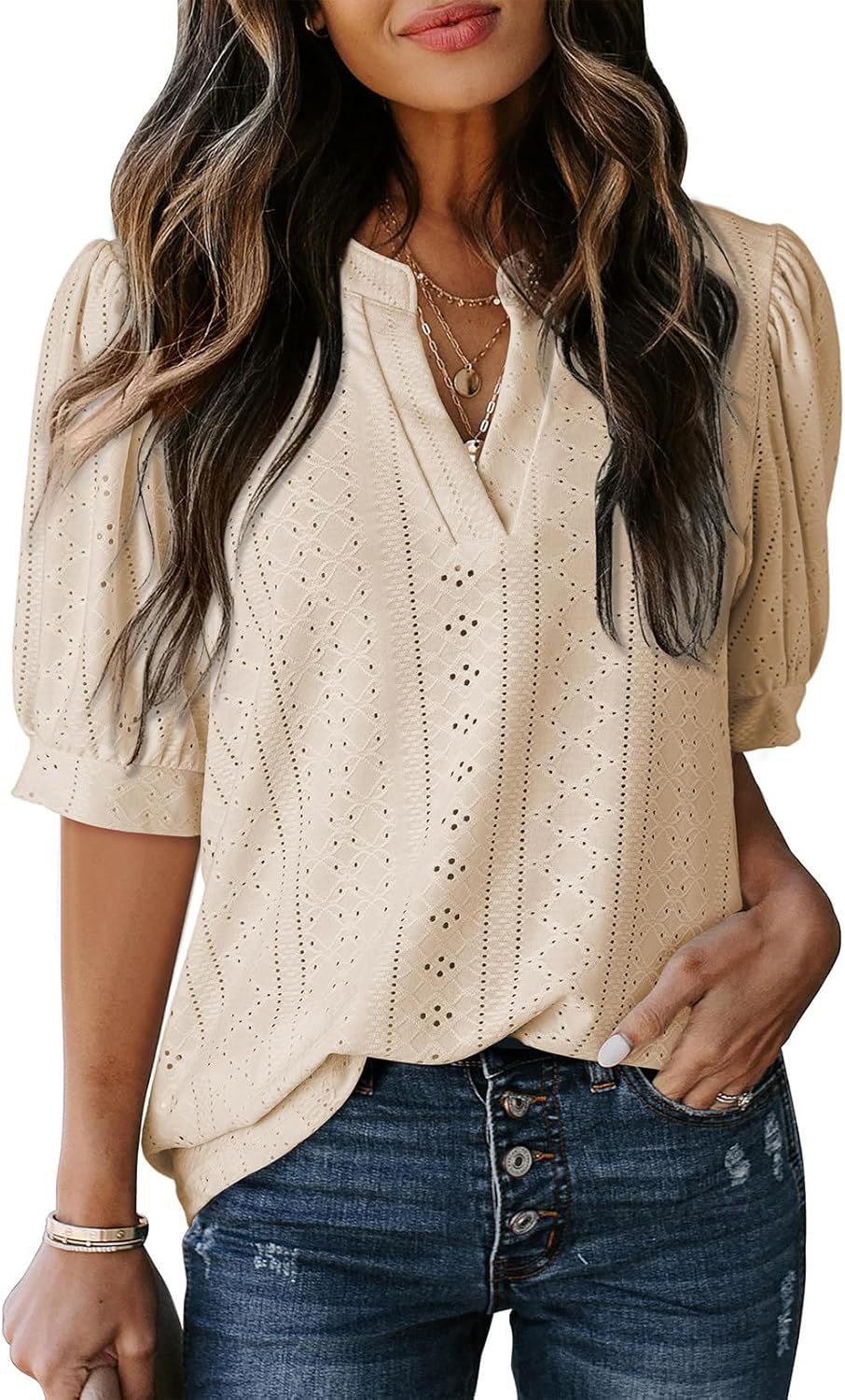 Women Puff Sleeve Lace Blouse Ivyshape