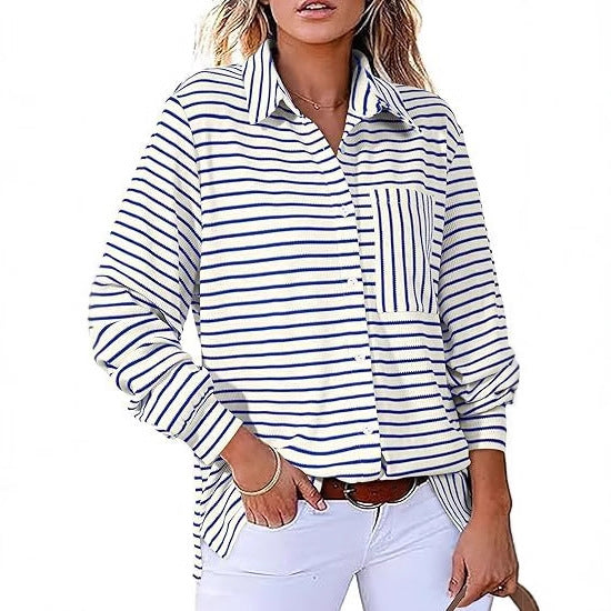 Women Casual Striped Blouse with Pocket and Button Placket Ivyshape