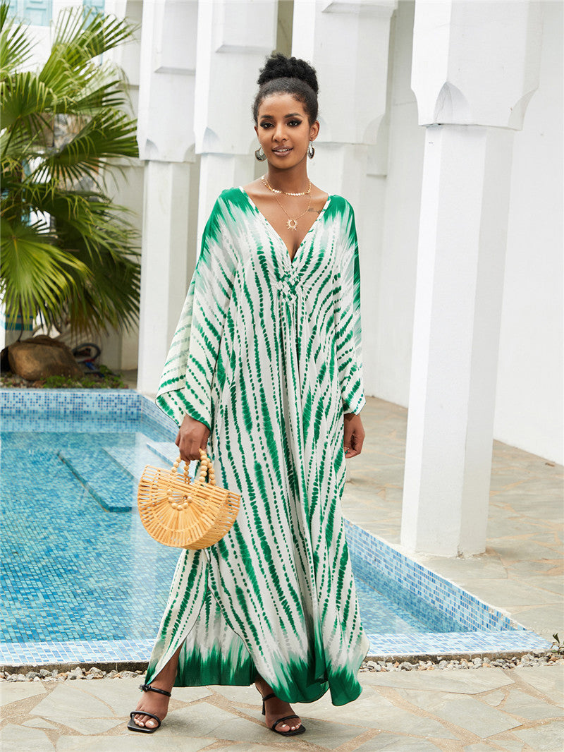 Ladies Maxi Beach Dress with Deep V-Neck and Playful Slit Ivyshape