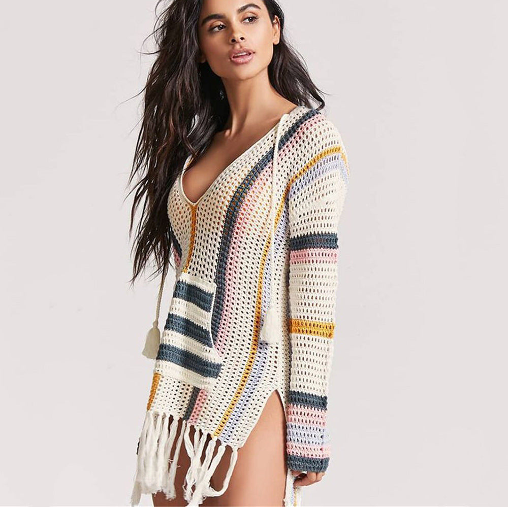 Women's Crochet Beach Poncho with Fringed Hem and Modern Stripes Ivyshape