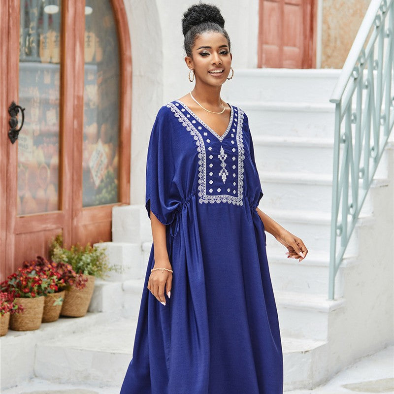 Women's Maxi Dress with artisanal embroidery pattern and loose fit Ivyshape