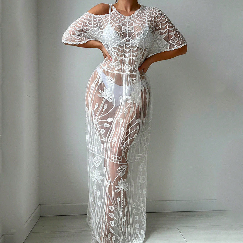 Women's transparent crochet beach cover-up with floral patterns Ivyshape