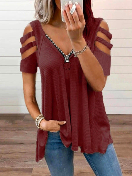 Women Cut-Out Shoulder Top with Zipper Detail Ivyshape