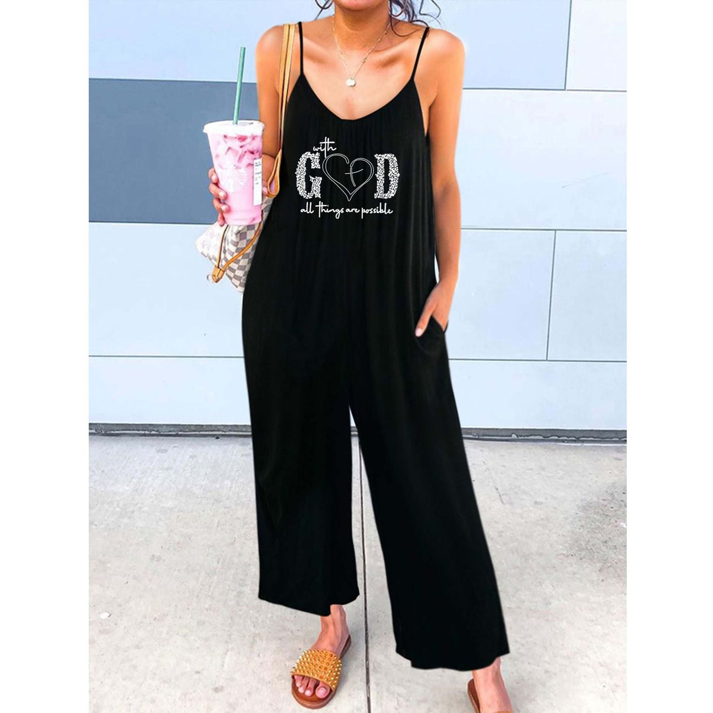 Women's jumpsuit with adjustable straps and motivating print Ivyshape