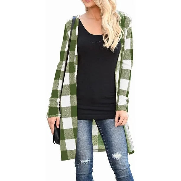 Ladies Long Cardigan with Check Pattern and Practical Closure Ivyshape