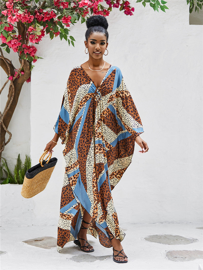 Ladies Maxi Beach Dress with Deep V-Neck and Playful Slit Ivyshape
