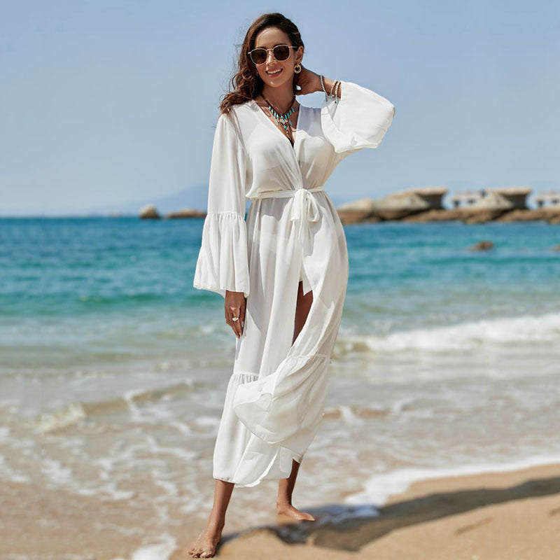 Women's Beach Robe with Elegant Tie Belt and Sophisticated Puff Sleeves Ivyshape