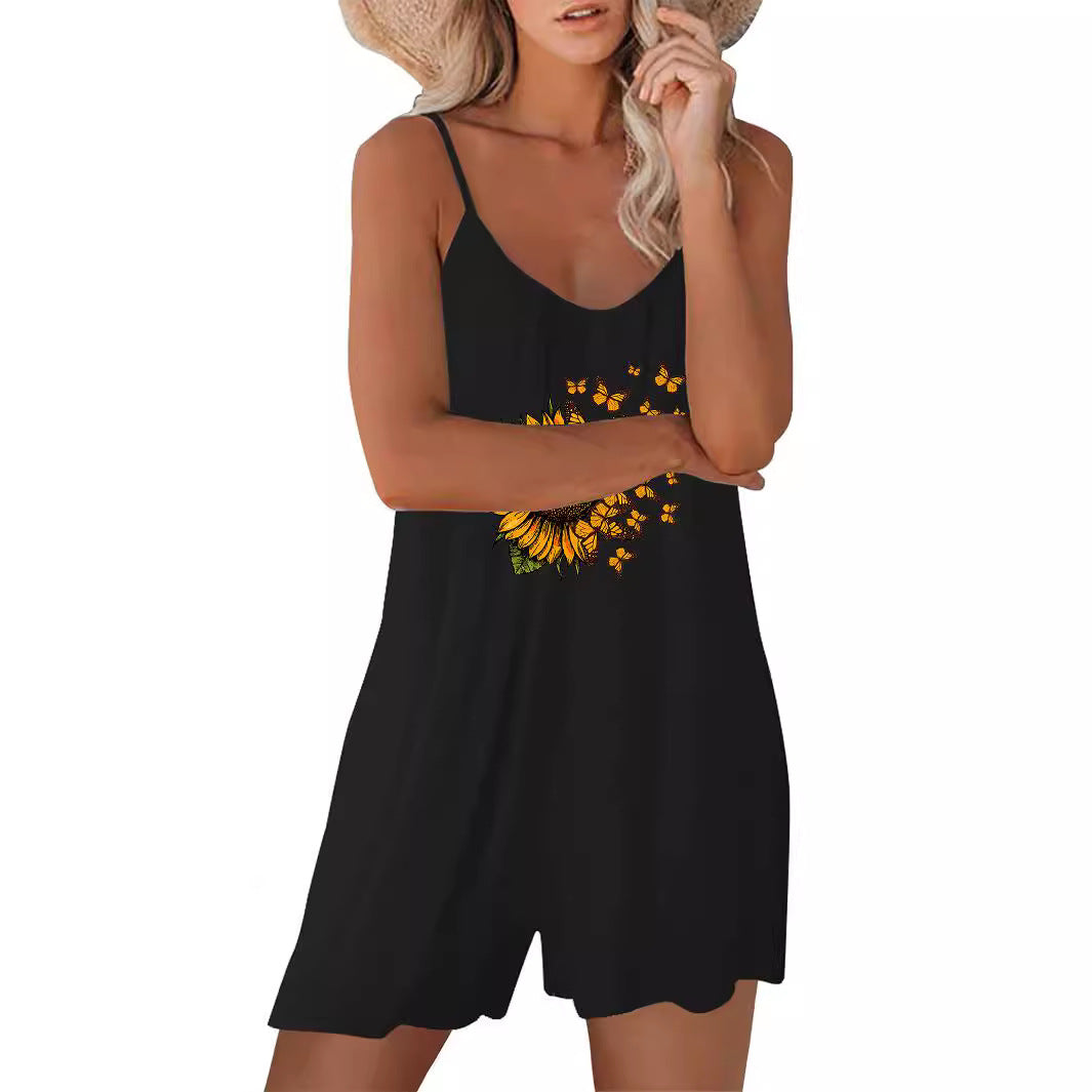 Ladies airy summer dress with sunflower pattern and side pockets Ivyshape