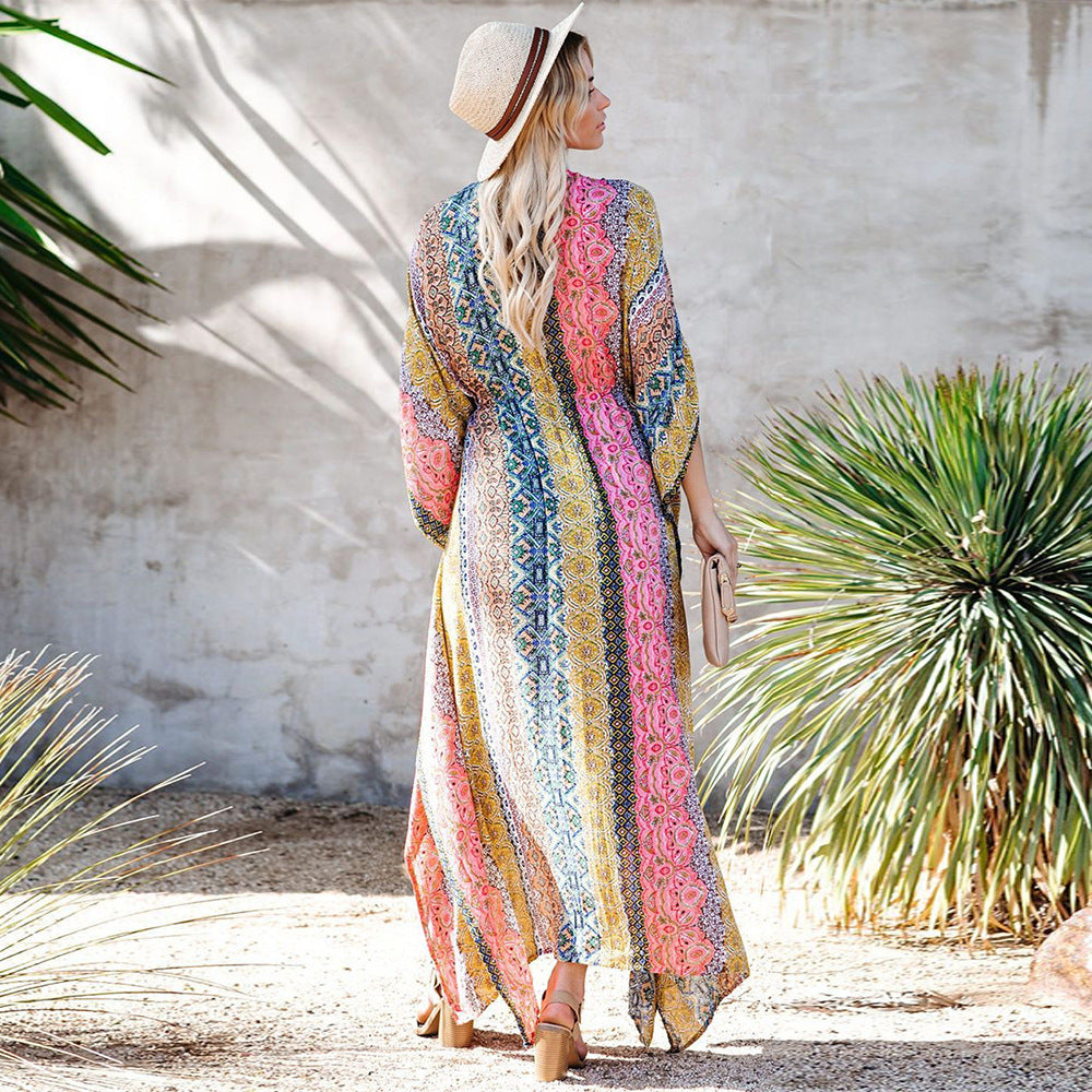 Women's beach kimono with unique floral pattern mix and side lacing Ivyshape