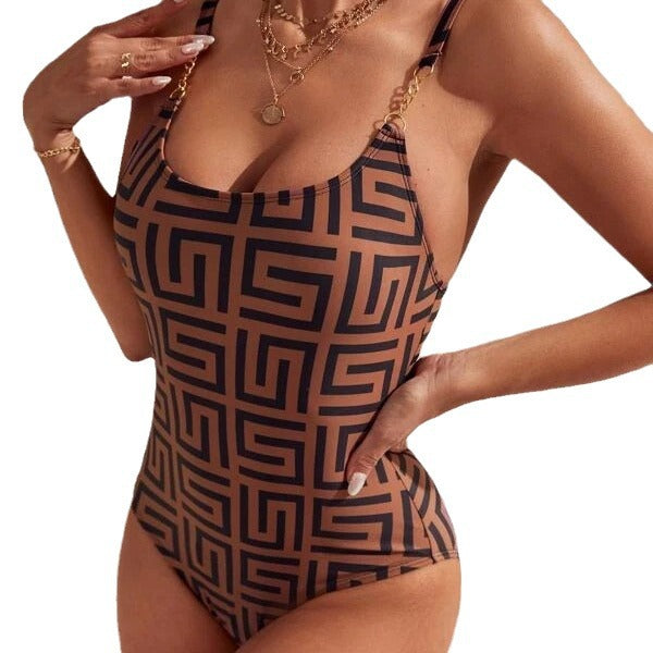Ladies sporty one-piece swimsuit with modern geometric pattern and adjustable straps Ivyshape