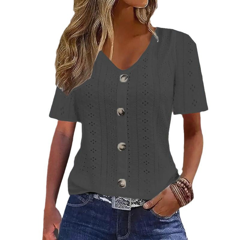 Ladies short sleeve blouse with decorative buttons and lace pattern Ivyshape