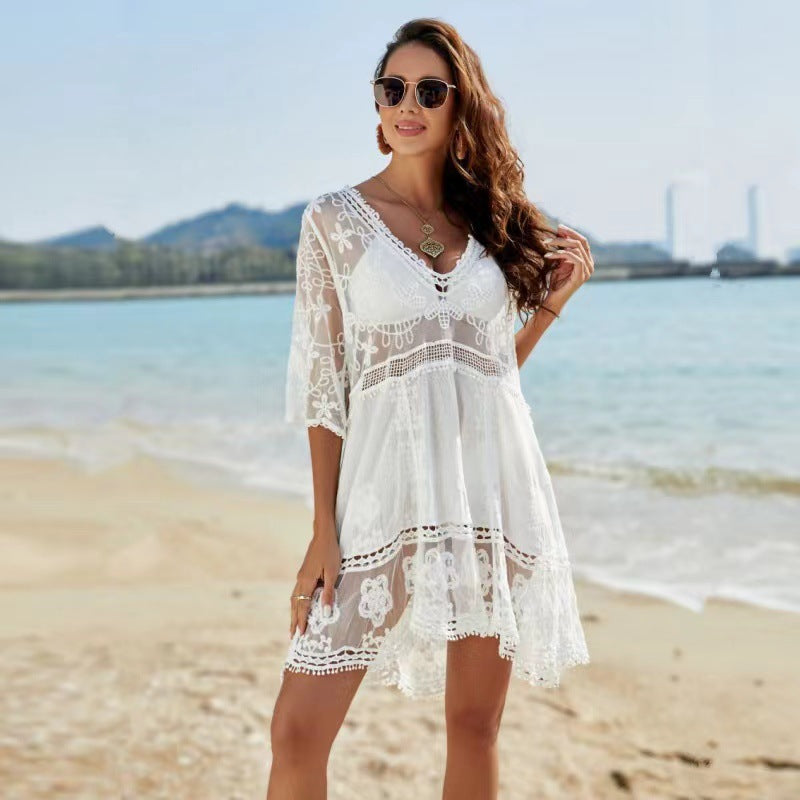 Ladies elegant beach cover-up with fine crochet and lace accents Ivyshape