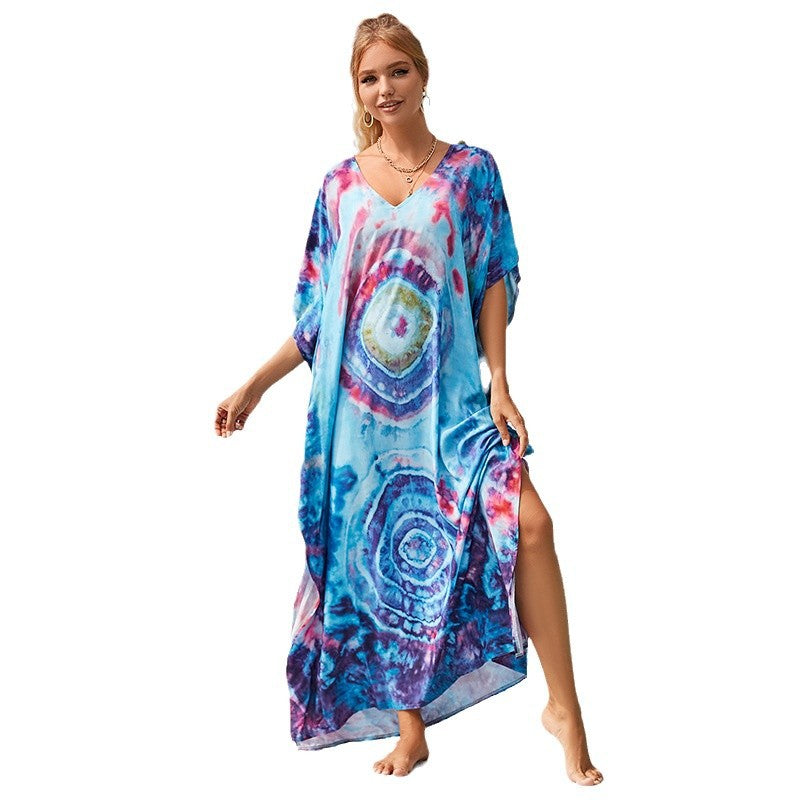 Women's summer kaftan dress with deep V-neckline and artistic design Ivyshape